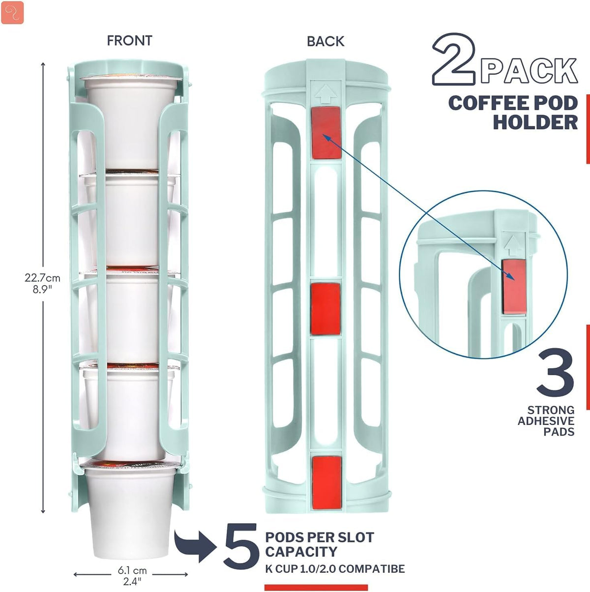STORAGENIE K Cup Holder for Keurig, Coffee pod Storage, Side Mount | Wall Mount, Perfect for Small Counters (2 Rows/For 10 K Cups, OASIS BLUE)