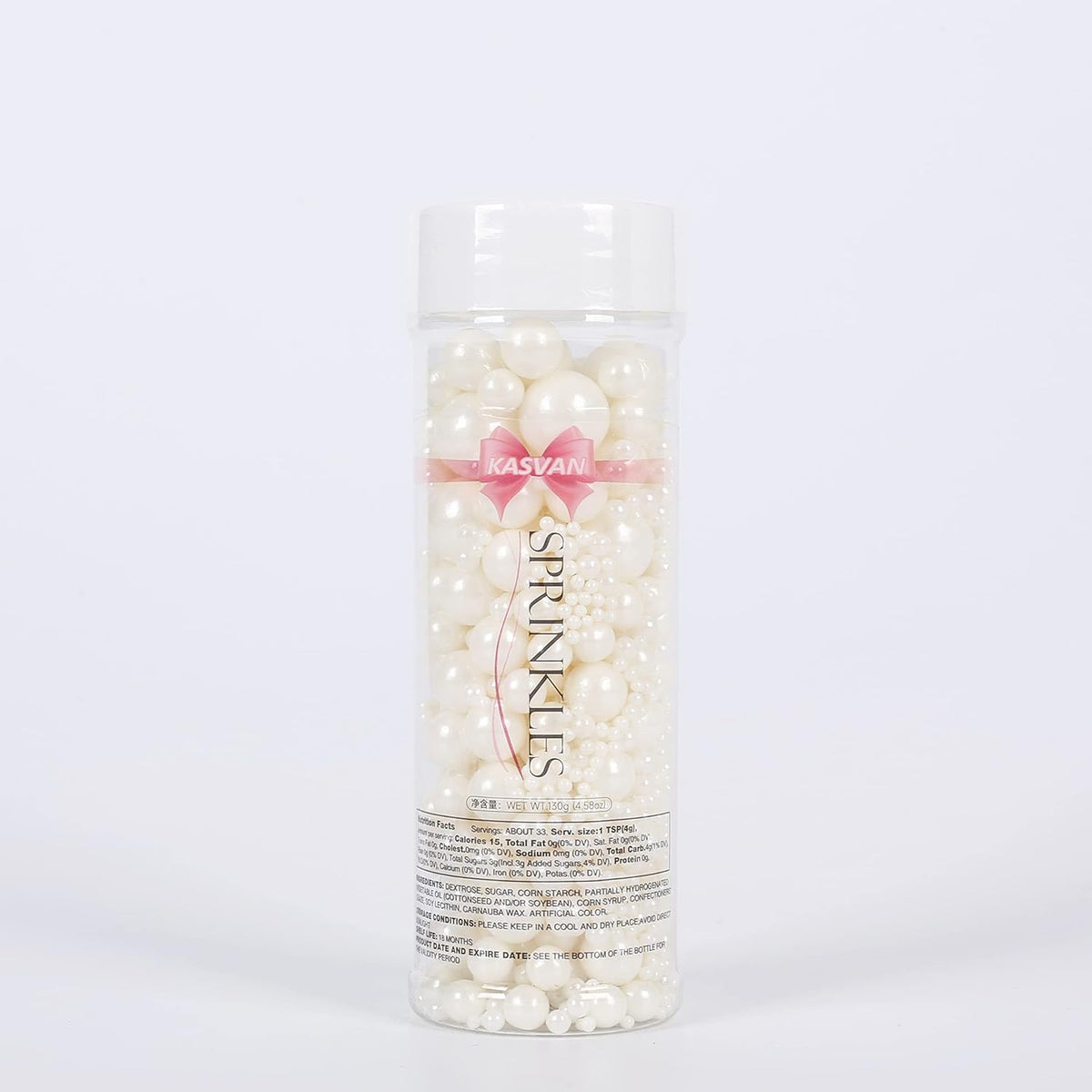 Kasvan White Pearl Sugar Sprinkles - Edible Candy Pearls 130g/4.58 Oz, Mix Size, Baking Cake Decorations, Ice Cream Toppings and Cookie Decorating, Wedding Party Chirstmas Supplies