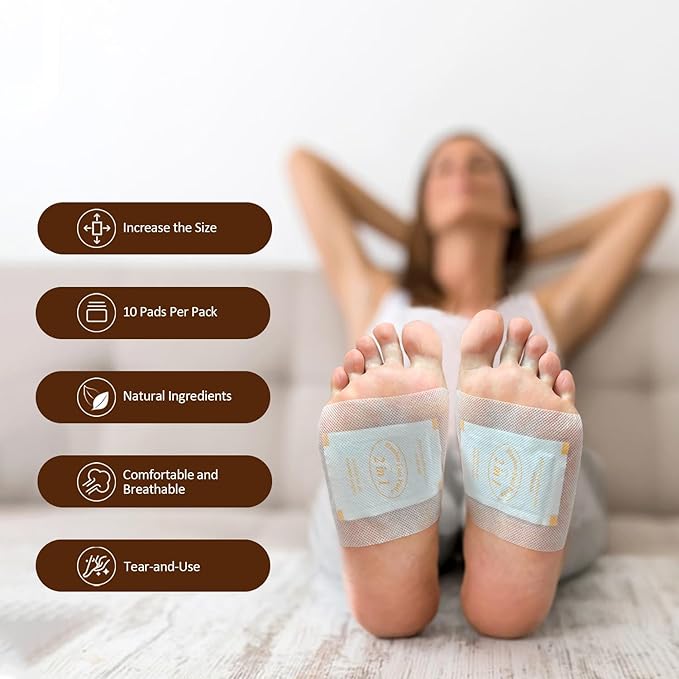 2 in 1 Foot Pads, Bamboo Vinegar Coconut Shell Powder Foot Pads with ''Stay in Place'' Bigger Adhesive Sheet(10 Pads)