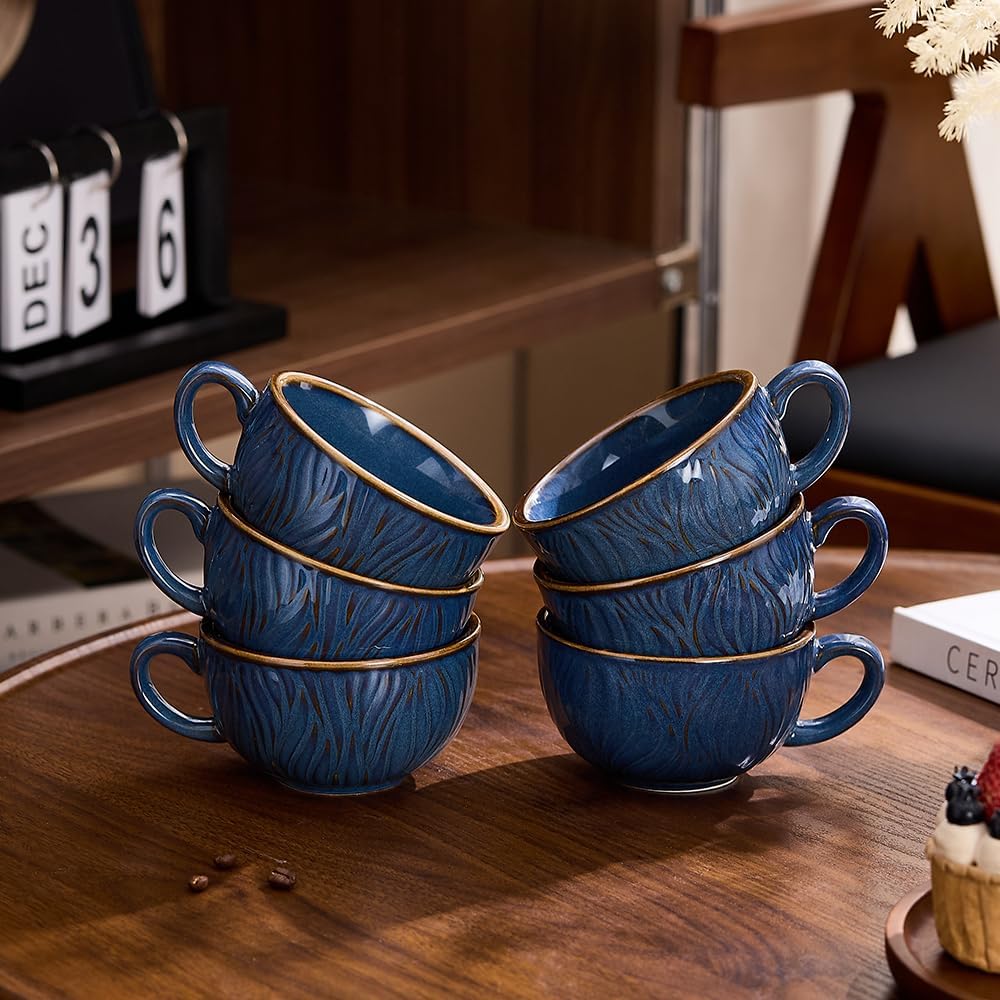 Set of 6 Vintage Design 12 oz Professional Barista Ceramic Latte Art Cappuccino Cups Set (Wave Blue)