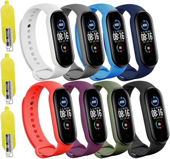 (8 PACK) Mi 5 & 6 Strap Replacement Bracelets with three FREE Screen Protectors , Skin-Friendly Soft & Flexible Silicone Mi 5 & 6 Strap Wristbands for Male and Female