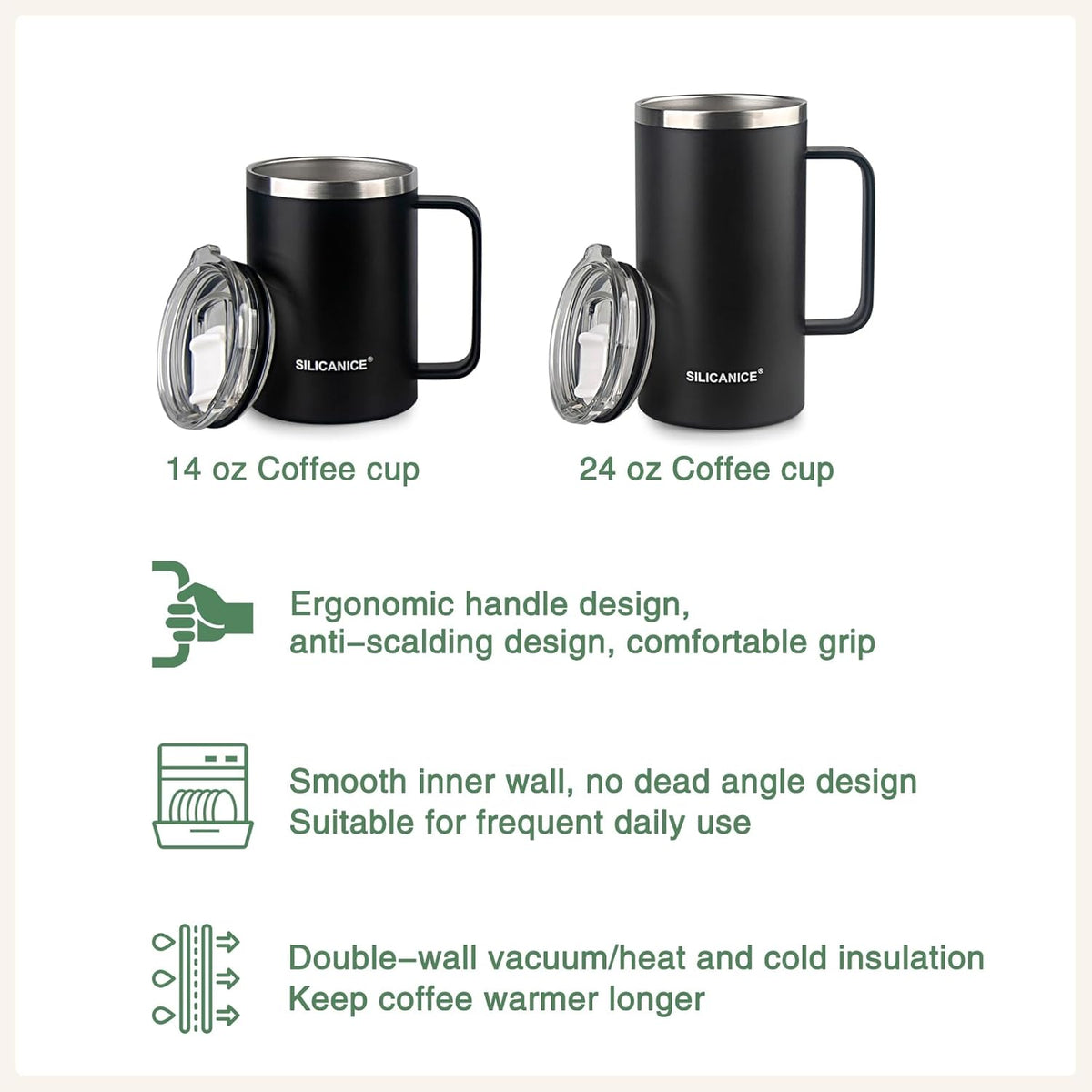 14 oz Stainless Steel Vacuum Insulated Tumbler with handle & MacSlider Lid, Dishwasher Safe & Spill Proof Coffee Cup, Travel Mug for Hot/Cold Drinks, Durable Design - Navy