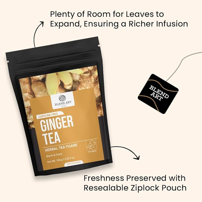 Blendart Ginger Tea Bags, 50 Tea bags - 100% Pure Ginger Root Tea Bag - Warm & Spicy Caffeine Free Ayurvedic Herbal Tea - Support Digestion & Boost Immunity Pyramid Teabags