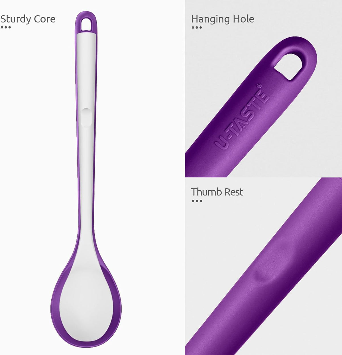 600ºF Heat Resistant Silicone Spoons: U-Taste 13.3in Solid & Slotted Kitchen Cooking Spoon, Nonstick Food Grade Long Rubber Utensil, Sturdy for Mixing, Serving, Frying, Draining (Purple, 2PCS)