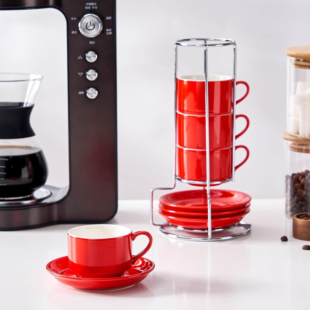 2.5 Ounce Porcelain Espresso Cups with Saucers and Silver Stand, Red Stackable Cups Set of 4