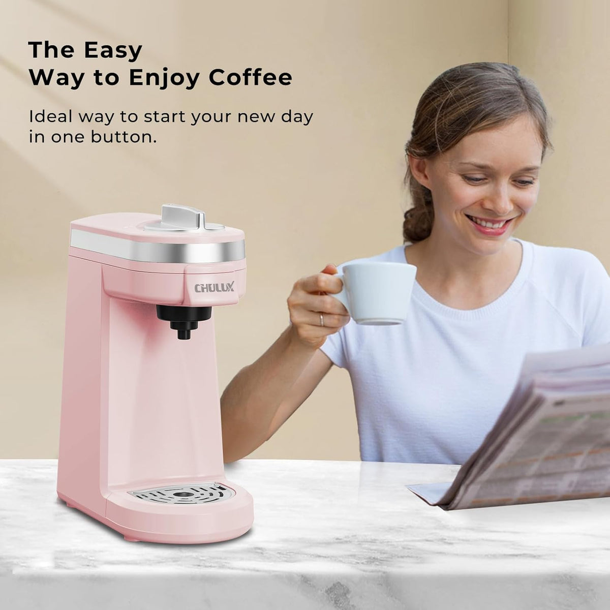 CHULUX Mini Coffee Maker for K Capsule, Single Serve Coffee Maker for One Cup Americano, Lightweight Pod Coffee Machine, Dusty Rose
