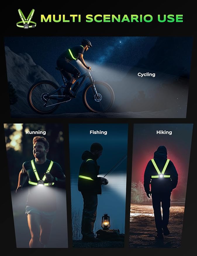 500LM High-Visibility Running Lights for Runners with 7 Modes, Adjustable 45° Beam, 360° Reflective Vest & IPX4 Waterproof Running Vest for Night Walking/Cycling/Jogging, 3.5-20Hrs Runtime