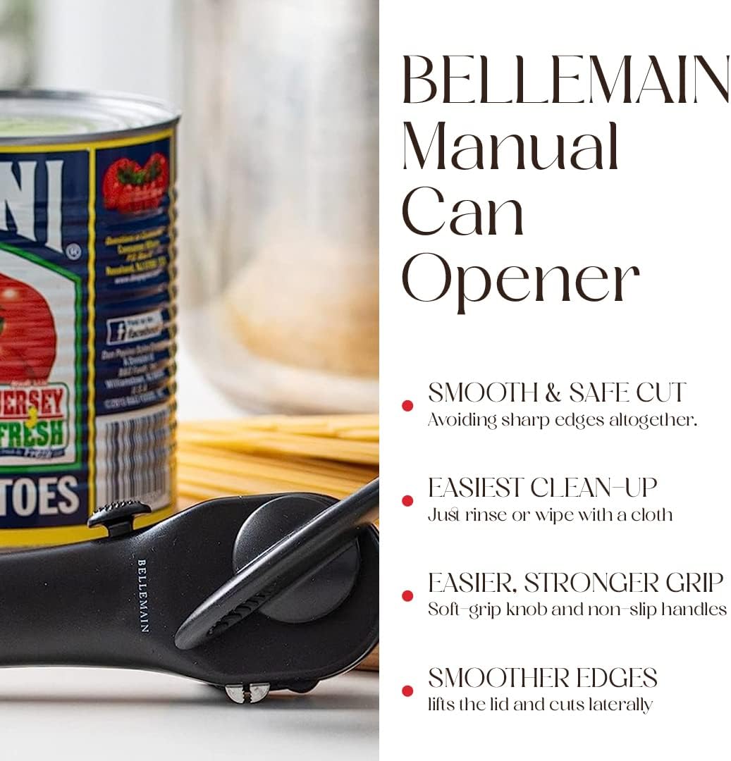 Bellemain Stainless Steel Can Opener – Manual Can Opener For seniors - Ergonomic Smooth edge Can Opener Hand Held Heavy Duty – Easy to use can opener safe cut