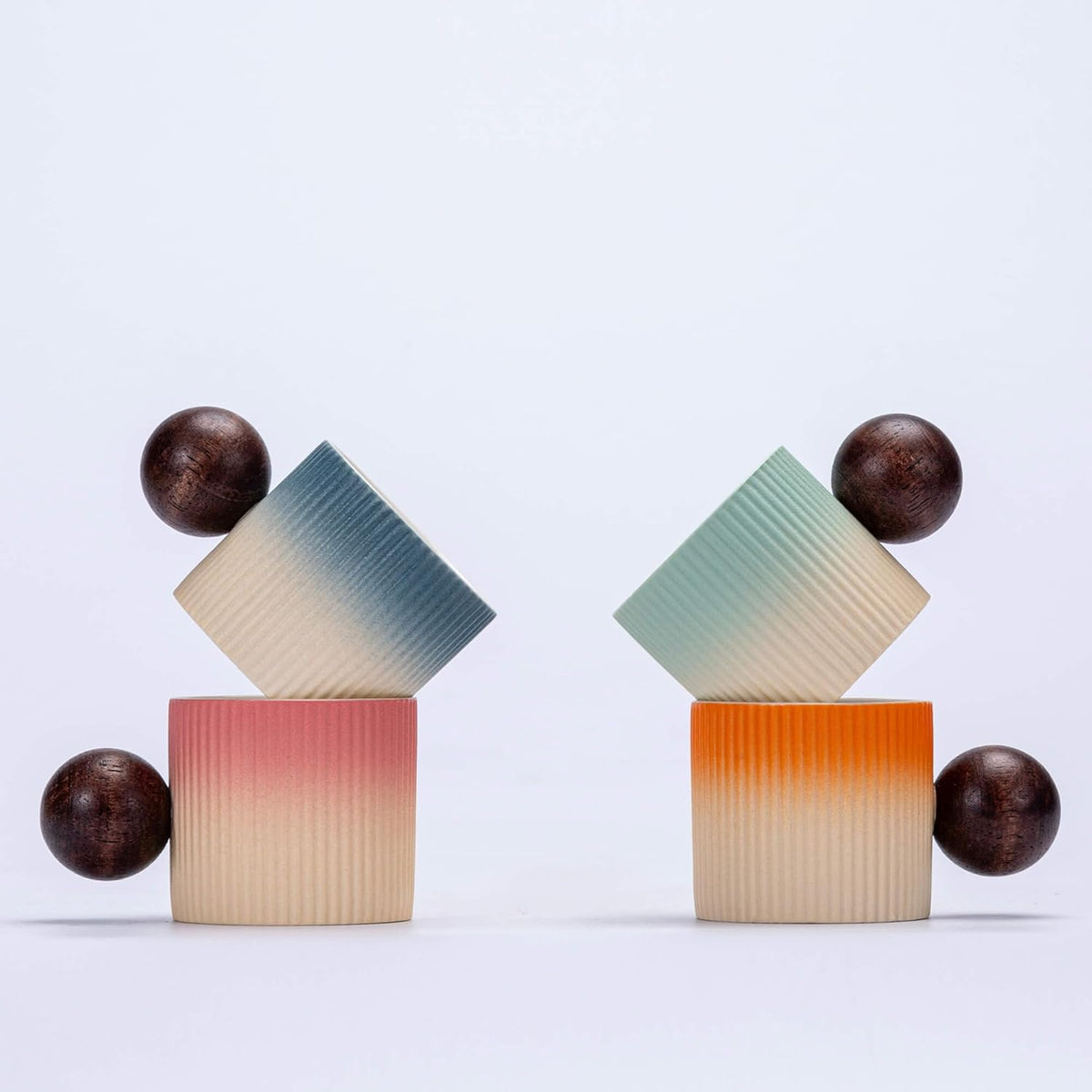 Ceramic Mini Espresso Cups Demitasse Cups with Round Wooden Handle Vertical Stripes Tea Cups (Beige&Blue, 4pcs)