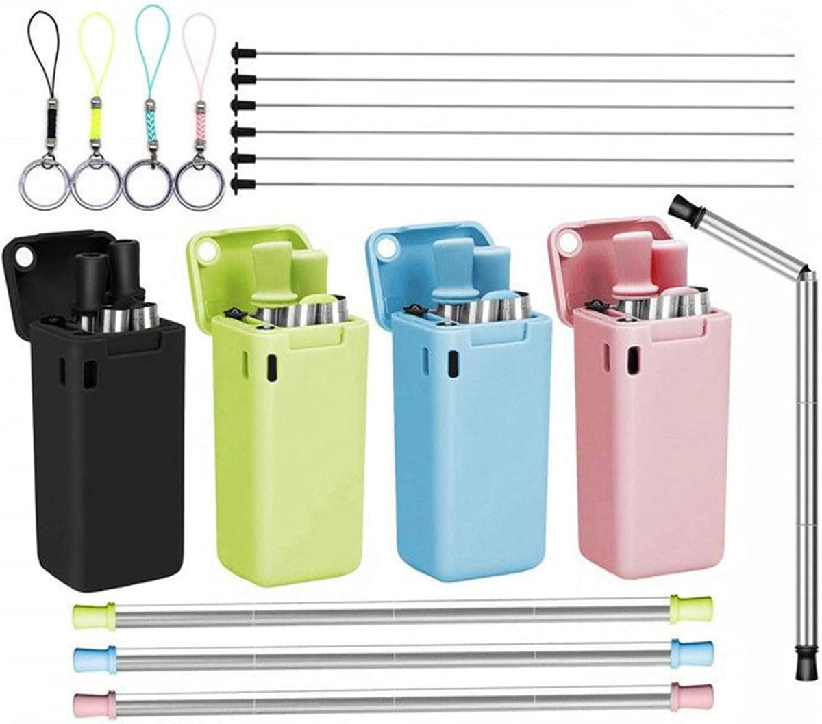 Foldable Straw with Storage Box, Reusable Folding Stainless Steel Straw, Portable Collapsible Set with Silicone Tip and Cleaner Brush for Travel Home Work (green)