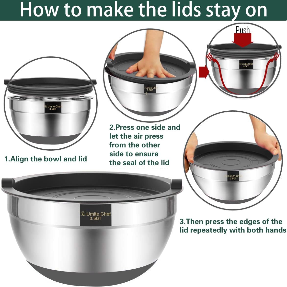 Umite Chef Mixing Bowls with Airtight Lids,6 piece Stainless Steel Metal Nesting Storage Bowls, Non-Slip Bottoms Size 7, 3.5, 2.5, 2.0,1.5, 1QT, Great for Mixing & Serving(Grey)