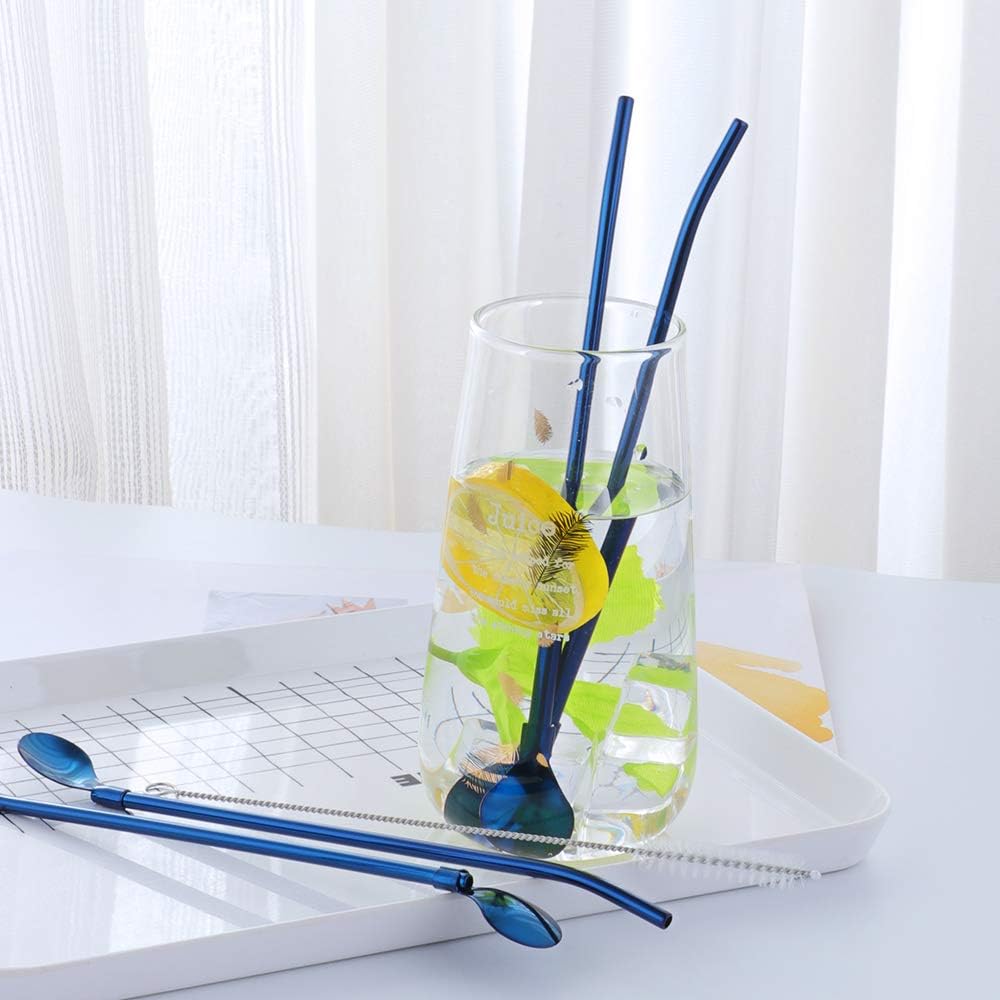 Straw Spoon, 8PCS 8.5inch Blue 18/8(304) Stainless Steel Metal Straws Reusable + 2 Brushes
