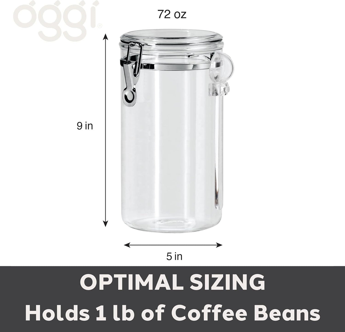 Oggi Clear Canister Airtight 72oz - Clamp Lid & Spoon - Airtight Food Storage Container, for Kitchen & Pantry Storage of Bulk, Dry Foods, Pasta, Flour, Sugar, Coffee, Rice, Tea, Spices & Herbs