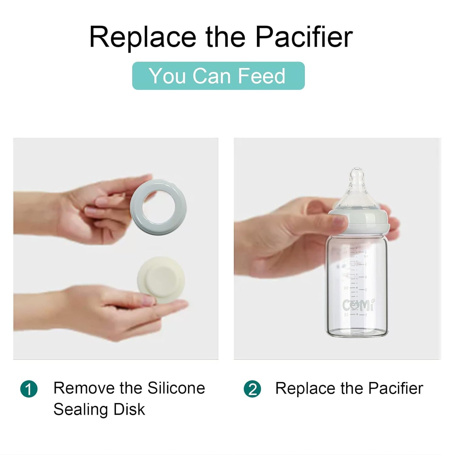 COMI Wide Neck Glass Breastmilk Collection n Storage Bottle, 6oz with Screw Ring Sealing Disk; Re-markable Sealing Disc. BPA Free, Fits Breast Pumps & Nipples (2 Pack Gray Lids)