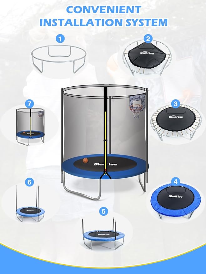 BLUERISE Trampoline 55IN 6FT Toddler Trampoline for Kids Indoor Outdoor Play for Kids Trampoline Basketball Hoop Attachment with Enclosure Net Easy to Assemble Outdoor Indoor Trampoline