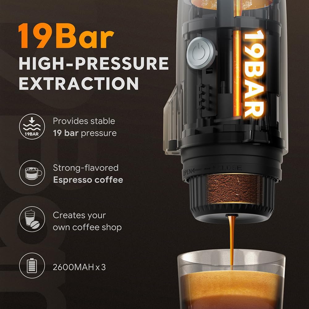 3 in 1 Portable Espresso Machine On the Go, Self-Heating Electric Espresso Maker, 19 Bar Mini Coffee Maker For Travel Camping & Hiking For Ground Coffee & N ESPRESSO/DolceGusto Pod, Bright White