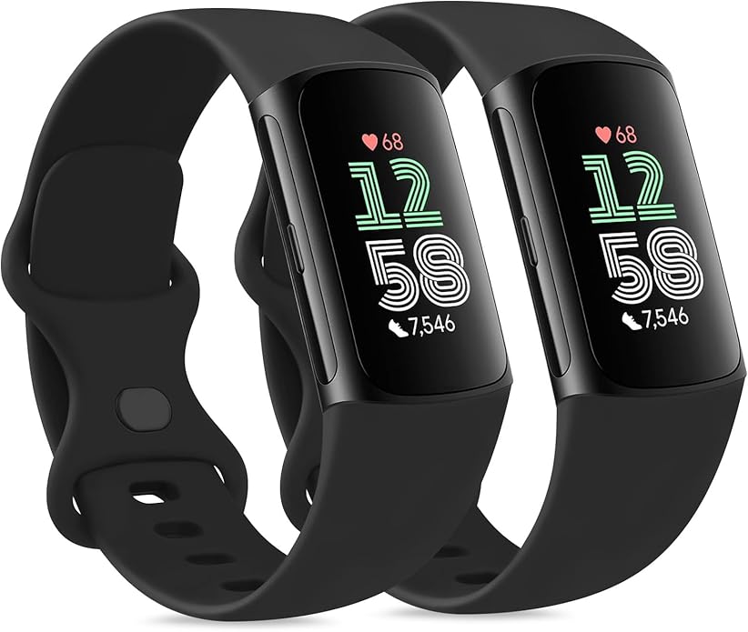 2 Pack Bands Compatible with Fitbit Charge 6 / Fitbit Charge 5 Bands for Women Men, Waterproof Classic Soft Sports Replacement Wristbands