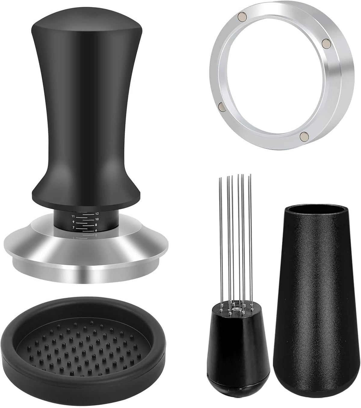 Coffee Espresso Tamper with WDT Tool, Coffee Press with Silicone Mat, 100% Flat Stainless Steel Base Tamper for Espresso Coffee Machine (Black5, 51mm)