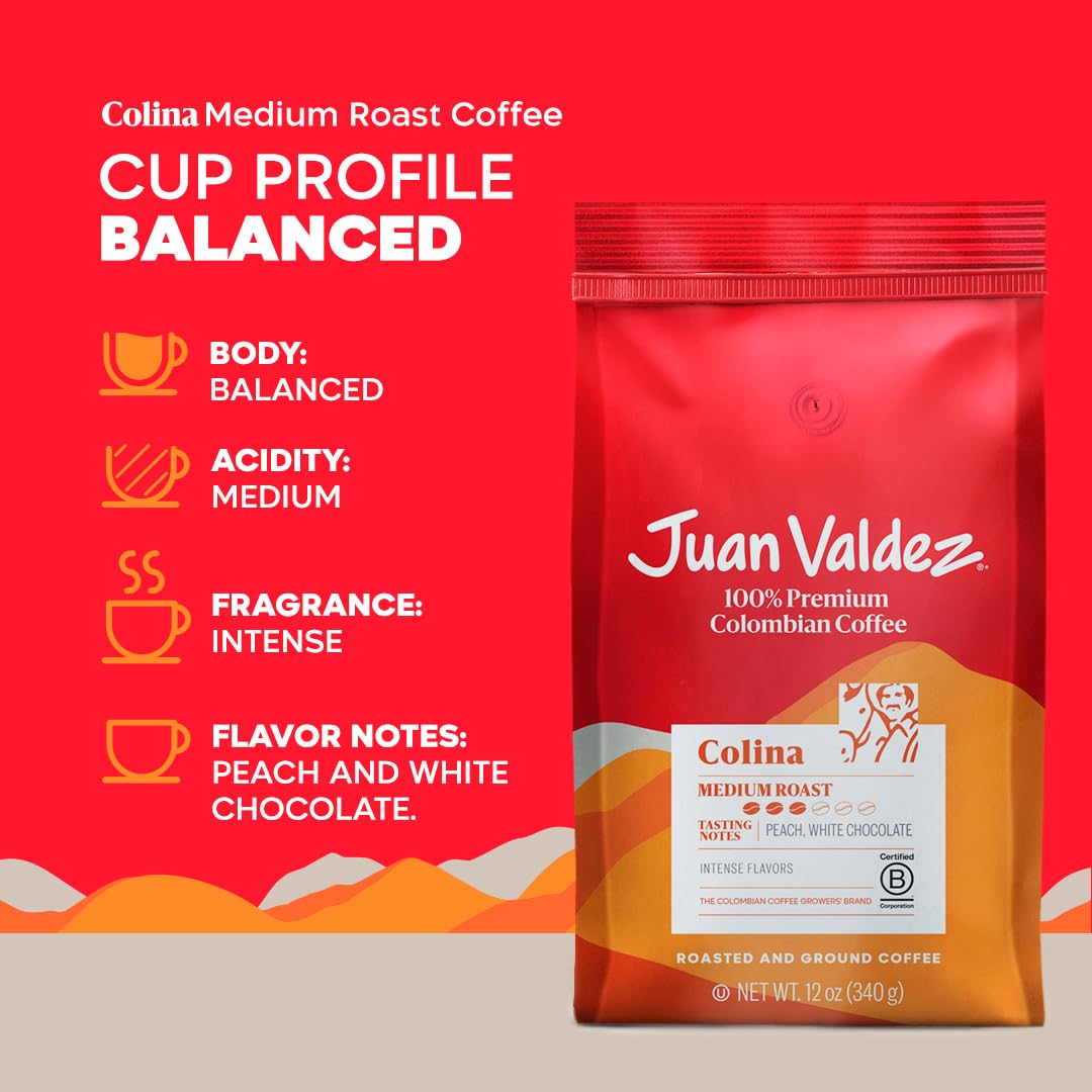 Juan Valdez Colina Ground Coffee, Balanced Roast 12 OZ - Premium Colombian Coffee - Unique “Caracolito” beans produce a coffee of balanced flavor and mild texture (Pack of 3)