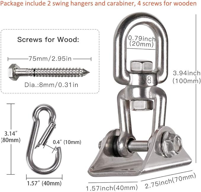 2 Pack Heavy Duty 360 Swivel Hanger, Stainless Steel Swing Hook for Ceiling, Wooden Swing Set Bracket, Punching Bag Hanger for Playground Gym Rope Hammock Chair, 1200 Lb Load