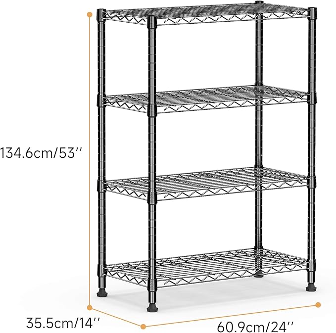 1000 lbs Storage Shelving Steel Heavy Duty 4-Tier Utility Shelving Unit Steel Organizer Wire Rack for Home,Kitchen,Office,Black (13.7" D x 23.6" W x 53.4" H)