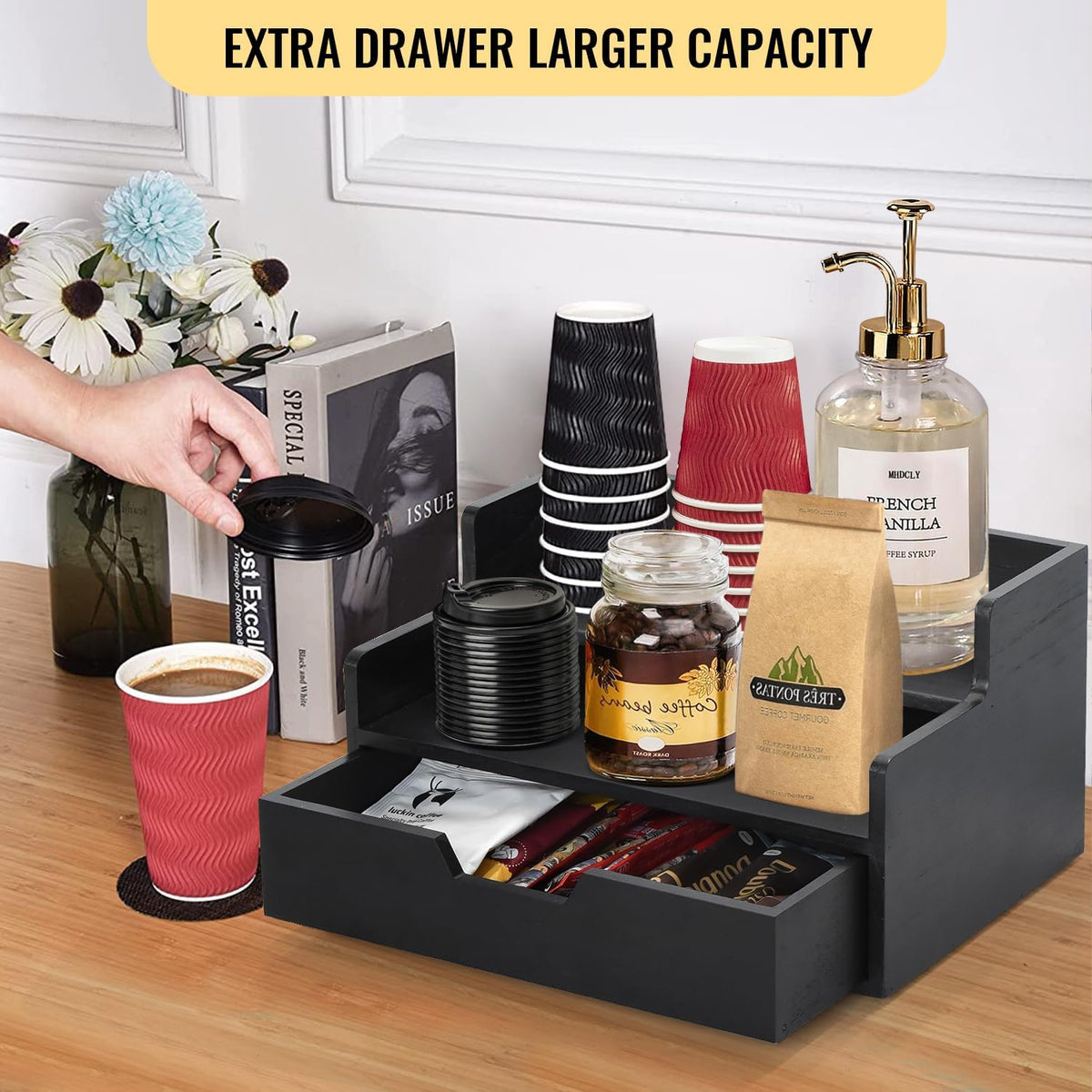 Coffee Pod Holder with Drawer, 3-Tier Wood K Cup Organizer for Countertop, Coffee Bar Organizer Storage Box, Coffee Station Organizer for Kitchen Coffee Station Decor