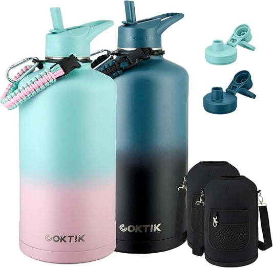 2 Pack 128 oz Insulated Water Bottle, Triple Wall Stainless Steel Flask, Keeps Drinks Cold for 48 Hrs Leak-Proof & BPA-Free Half Gallon Jug with Paracord Handle, Straw & Spout Lids(2 pack,Mix Color)