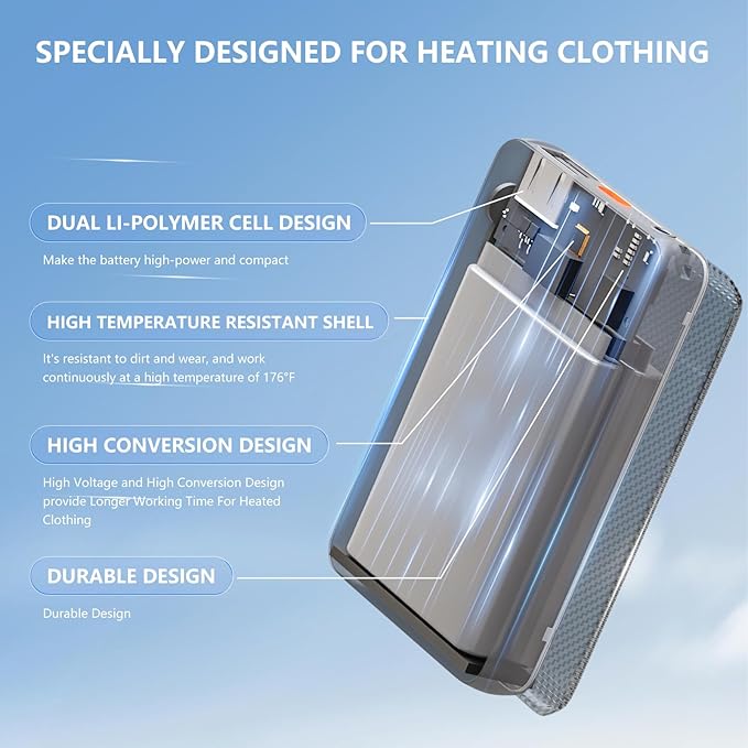 18400mah and 10000amh Battery Pack Heated Vest for ORORO and Venustas, 7.4V/5V Power Bank for Heated Vest with DC/USB/Type-C Output and LED Display for Heating Clothing and Phones