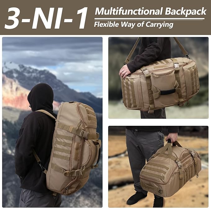 65L Large Duffle Bag, 3-in-1 Tactical Backpack MOLLE Pack for Sports, Gym, Outdoor, Coyote