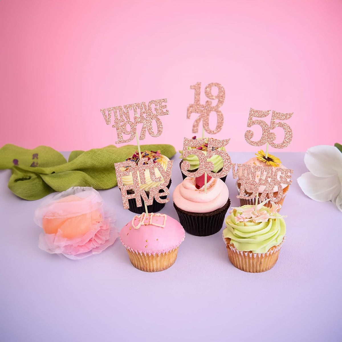 Gyufise 24Pcs 55th Birthday Cupcake Toppers Glitter Cheers to 55 Fabulous Fifty Five Vintage 1970 Cupcake Picks 55th Birthday Wedding Anniversary Party Cake Decorations Supplies Rose Gold