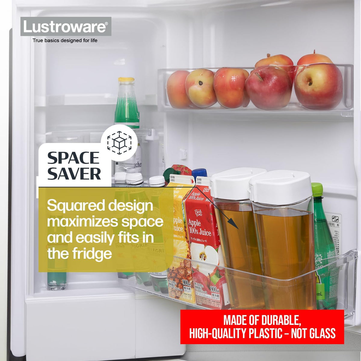 Lustroware QuickFlip Slim Airtight Pitcher - 1.2L (40oz), Heat Resistant, BPA-Free SAN Plastic, Easy Pour, Space-Saving, Made in Japan - White