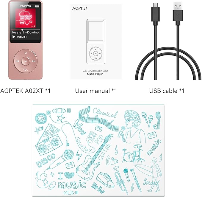 AGPTEK A02 MP3 Player with Bluetooth 5.3, 1.8 inch Screen Portable Music Player with Speaker, FM Radio, Voice Recorder, Supports Expanded Up to 128GB(Rose Gold, 32GB)
