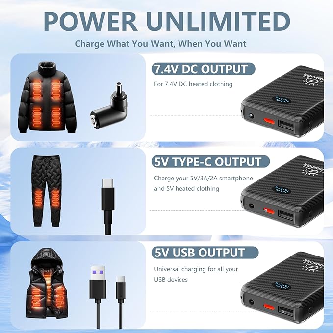 2 Pack Battery Pack Heated Vest for ORORO and Venustas, 7.4V/5V Power Bank for Heated Vest with DC/USB/Type-C Output and LED Display for Heating Clothing and Phones