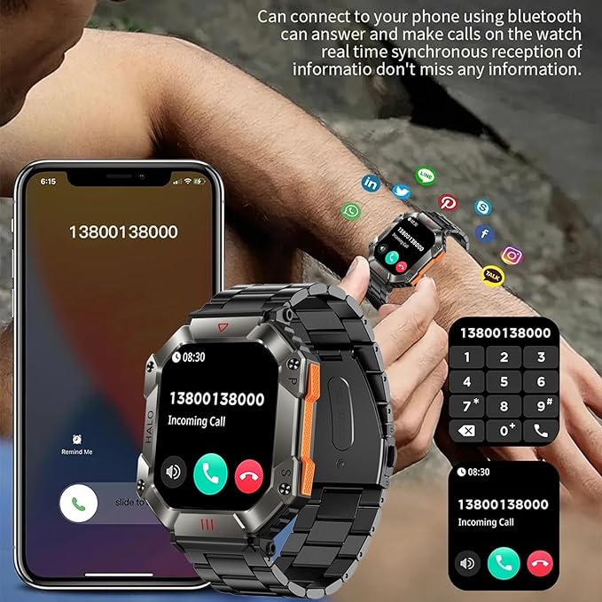 2024 New Military Smartwatch Men, Bluetooth Call 2.0" Large Screen Outdoor Activity Tracker Heart Rate Monitor Sport Fitness Watches Men Smart Watch for Android/iOS