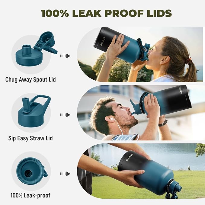 2 Pack 128 oz Insulated Water Bottle, Triple Wall Stainless Steel Flask, Keeps Drinks Cold for 48 Hrs Leak-Proof & BPA-Free Half Gallon Jug with Paracord Handle, Straw & Spout Lids(2 pack,Mix Color)