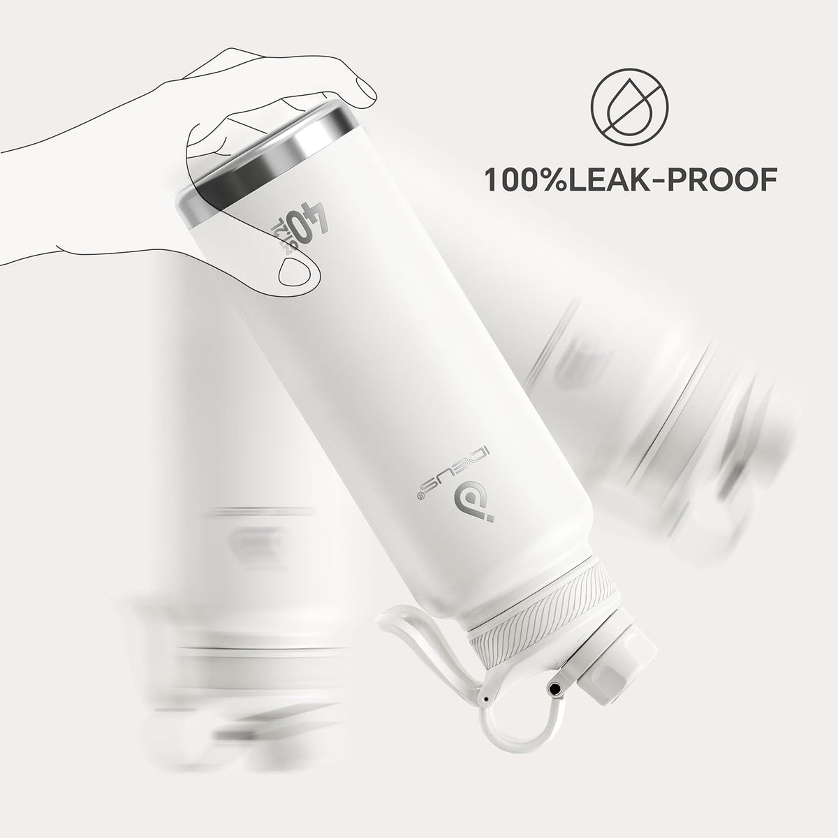 IDEUS Insulated Stainless Steel Water Bottle with 2 Leak-Proof Lids, Thermal Water Flask for Hiking Biking, 40oz, White