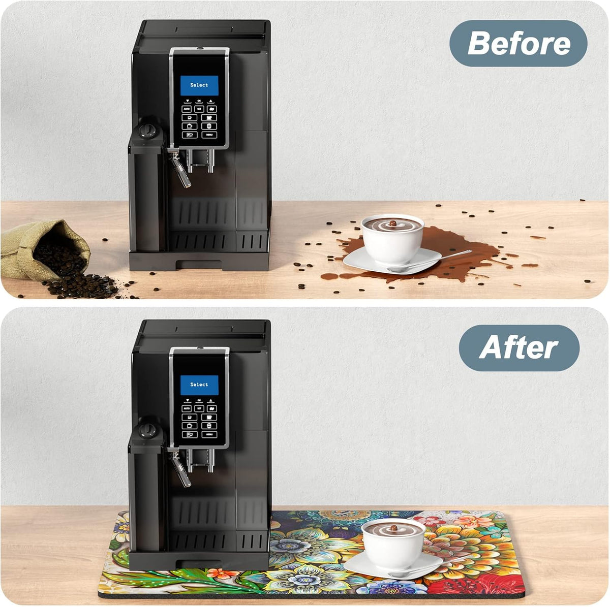 Rnivvi Coffee Mat, 16" x 24" Cute Flower Theme Coffee Bar Mats for Espresso Machine Station Accessories and Organizer, Hide Stain Rubber Backed Absorbent Dish Drying Pad for Kitchen Counter, Mandala