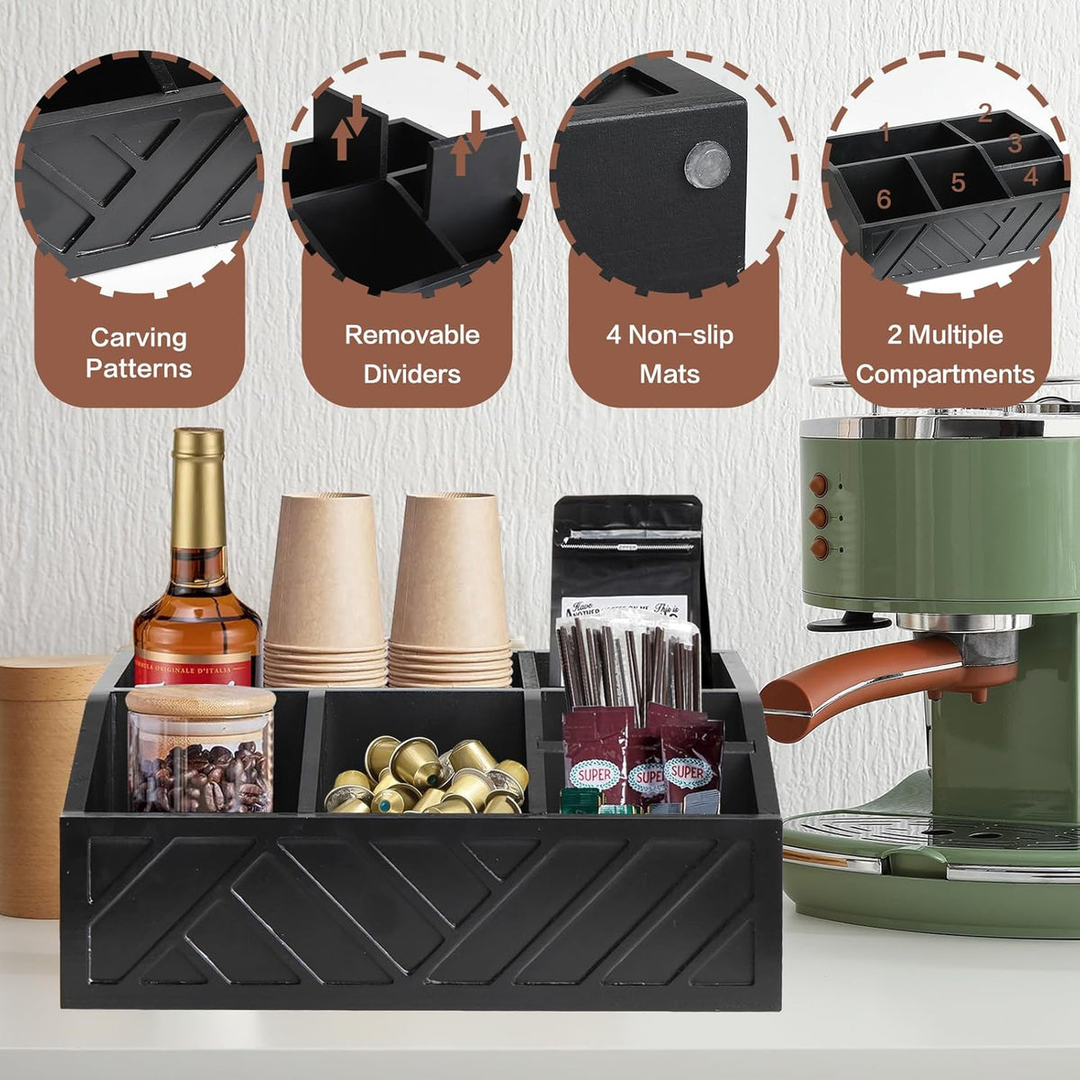 Coffee Pod Holder and Bar Accessories, Wood Station Organizer for Decor, Syrup and Condiment Organizer, Black
