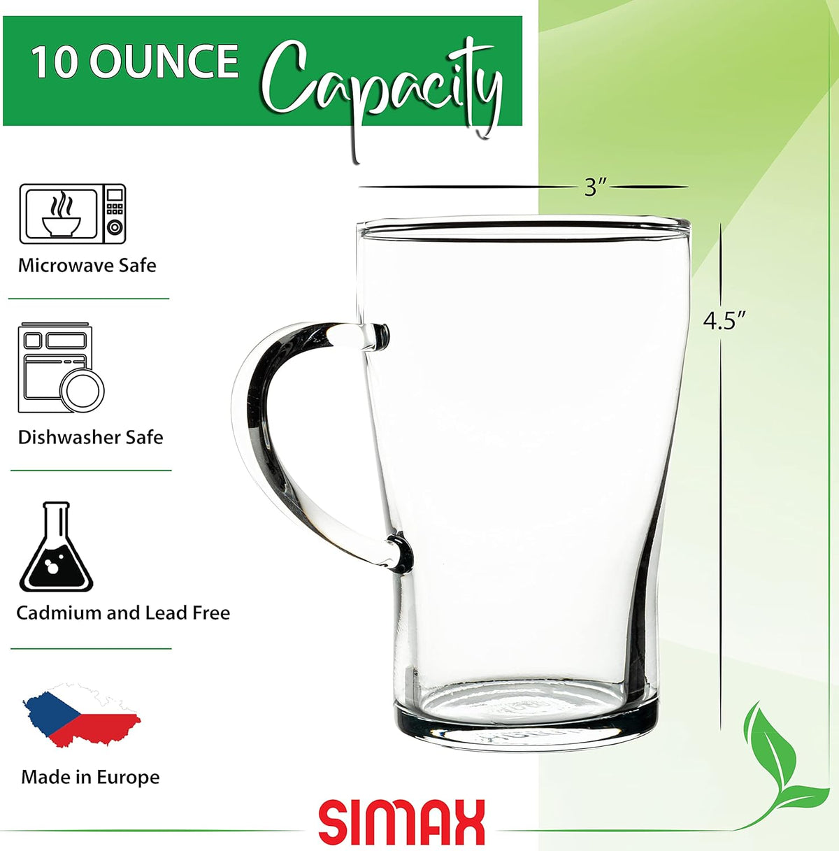 Simax Glassware Clear Glass Coffee Mug Set | Cold, Heat, and Shock Resistant Borosilicate Glass, Microwave and Dishwasher Safe, Includes Four (4) 10 Ounce Cups