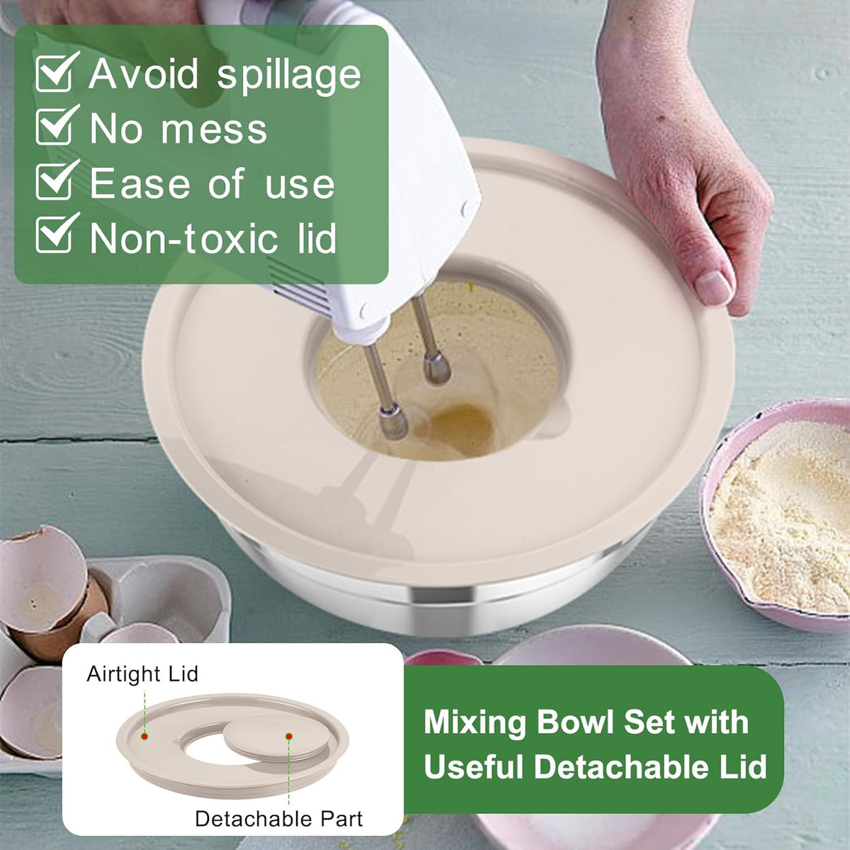 TeamFar Mixing Bowls with Airtight Lids, 5PCS Stainless Steel Metal Salad Bowl with 3 Grater Attachments, for Cooking, Prepping, Serving, Healthy & Easy Clean - 0.7/1/1.5/2.6/4.6QT, Khaki