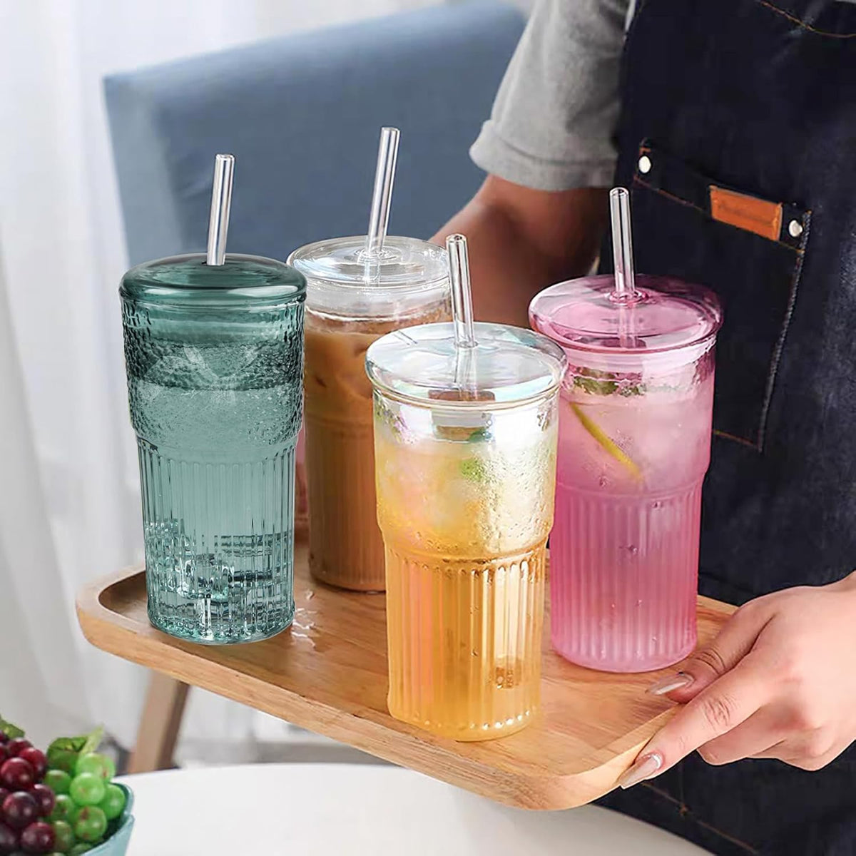 Glass Cups with Lids and Straws, 20 OZ Multi Iced Coffee Glasses Tumblers for Ice Water, Juice, Tea, Milk, Smoothie and Cold or Hot Drinks, Set of 2