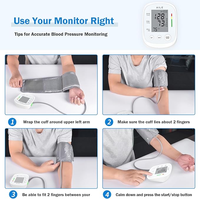 Blood Pressure Monitor, AILE Blood Pressure Machine Upper Arm Large Cuff(8.7"-16.5"), High Automatic Blood Pressure Monitors Cuff for Home Use, (BP) Manual Arm Blood Pressure Monitors, 2 * 99 Memory