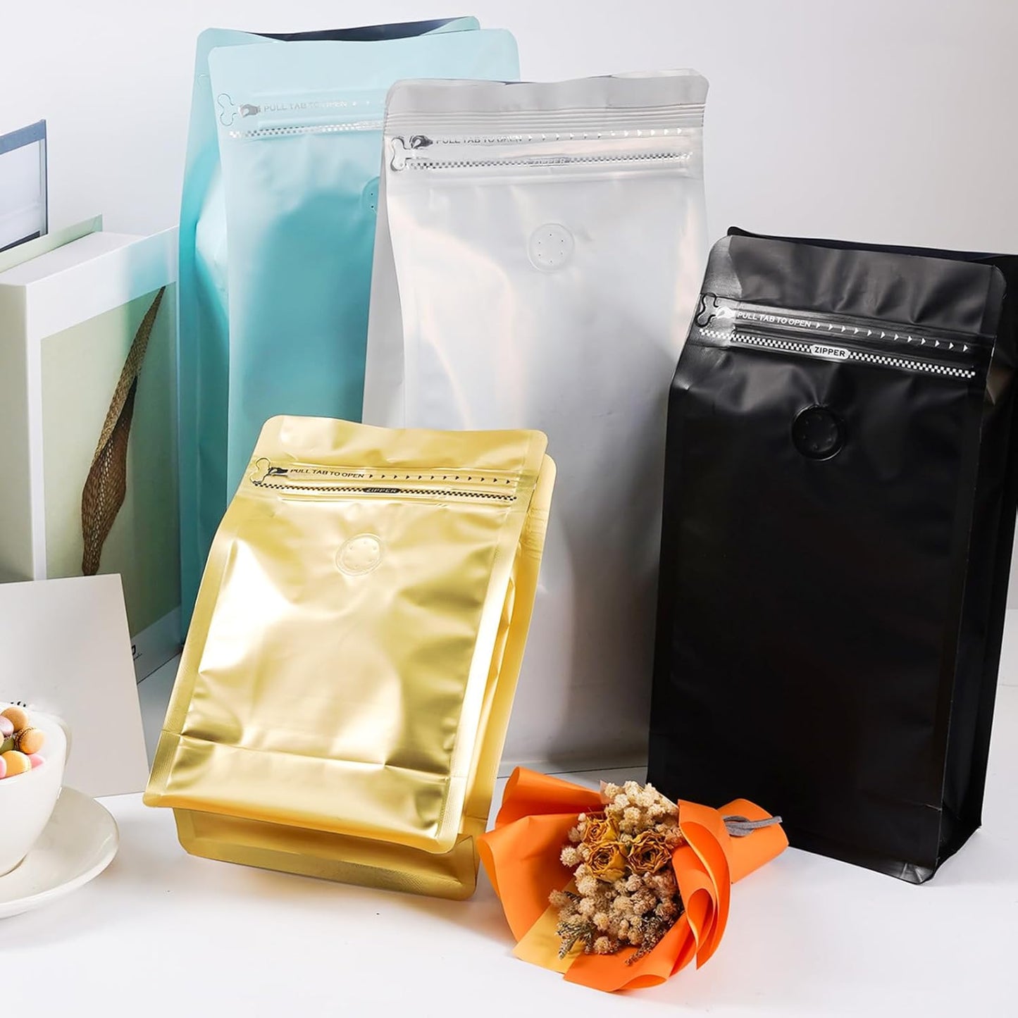 Coffee Bags with Valve (50 PCS,16oz/1lb) Blue High Barrier Aluminum Foil Flat Bottom Standing Coffee Beans Storage Packaging Bags, Reusable Heat Seal Side Zipper Pouches for Small Business and Home