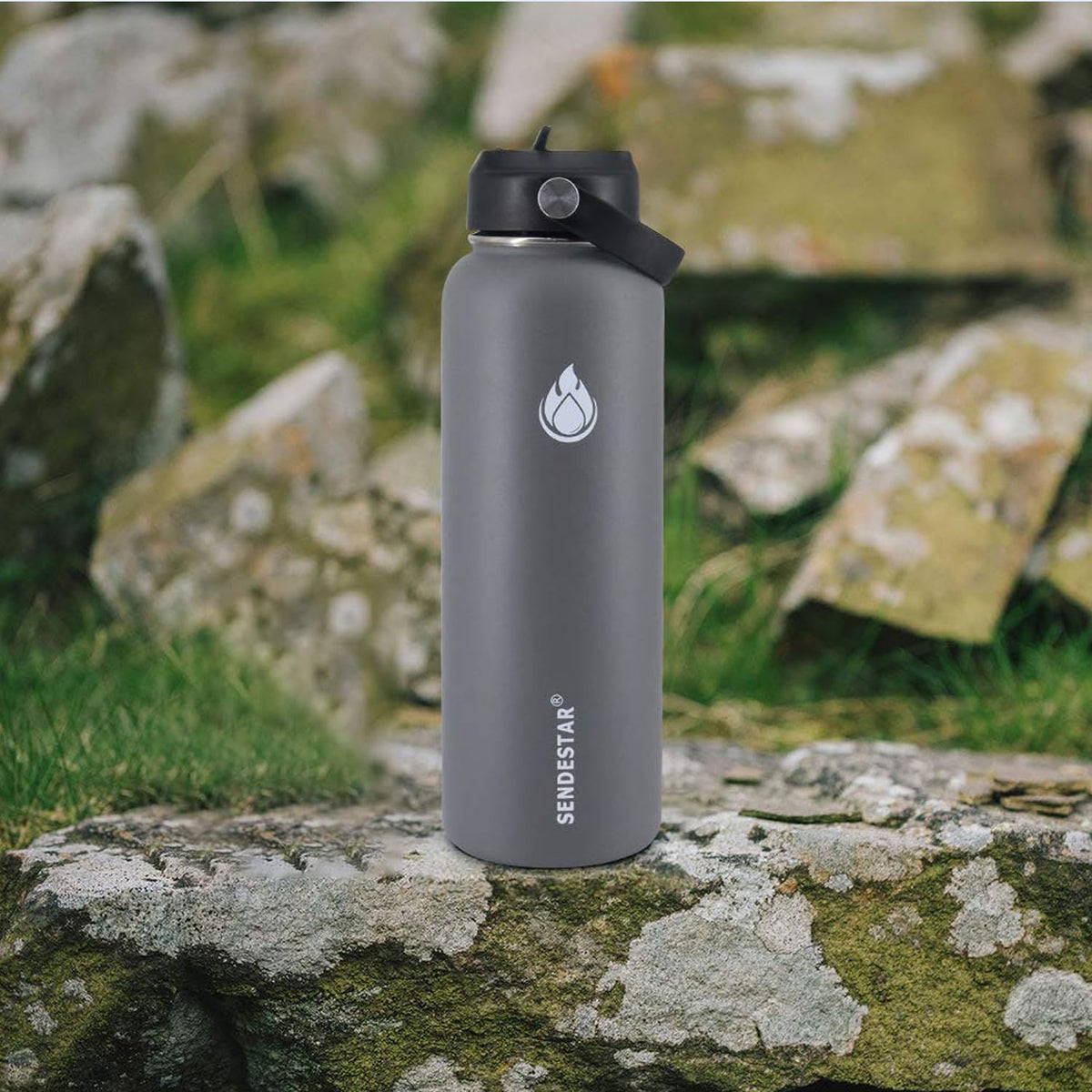 SENDESTAR Stainless Steel Water Bottle, Wide Mouth Water Bottle 40 oz with Straw Lid, Spout Lid, Double Wall Vacuum Insulated Leak Proof, Keeps Liquids Hot or Cold (Gray)