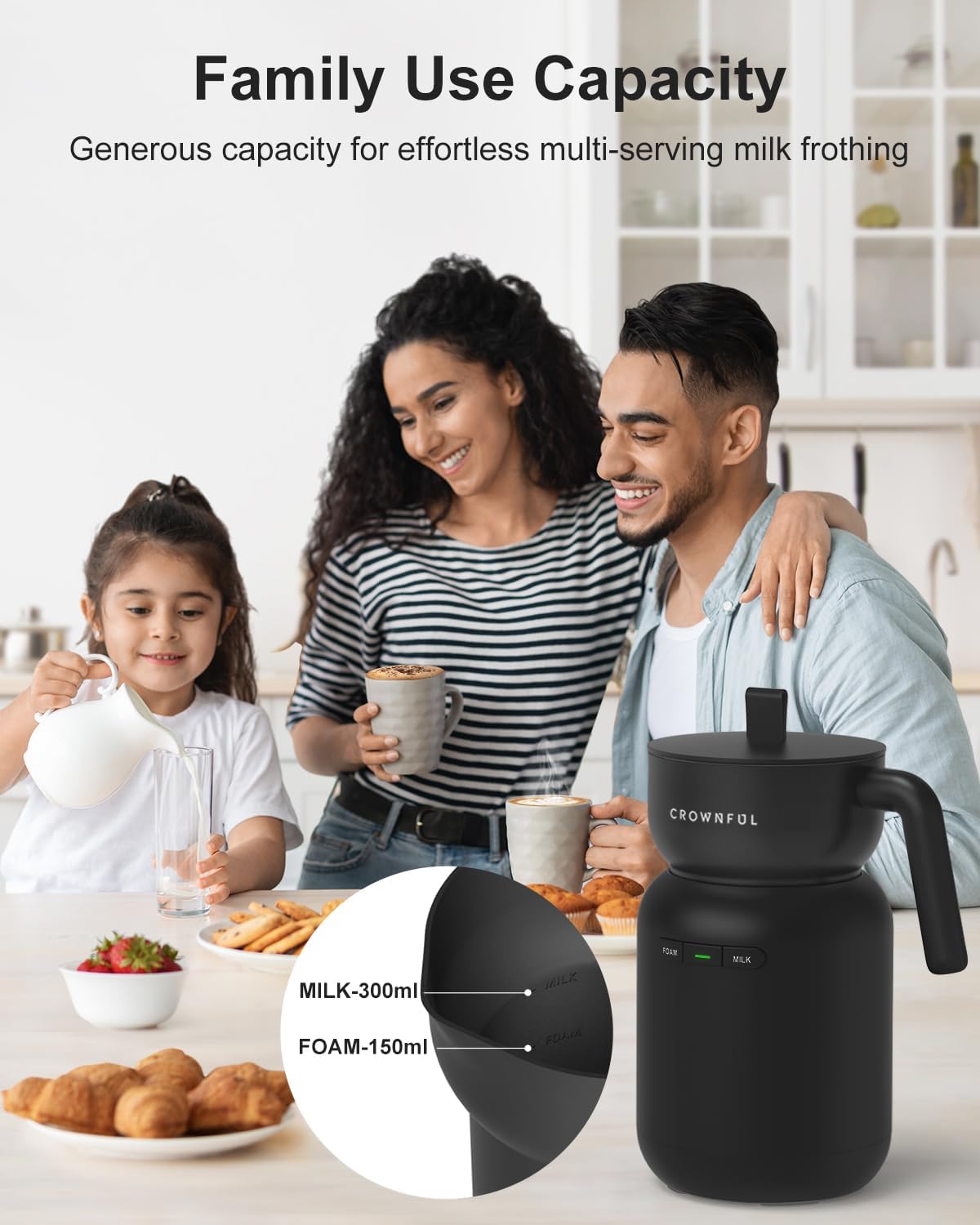 CROWNFUL Milk Frother, Electric 5-in-1 Milk Frother and Steamer with Temperature Control, Dishwasher Safe, Auto Shut-Off Frother for Coffee, Latte, Cappuccino, Macchiato, Dark Gray