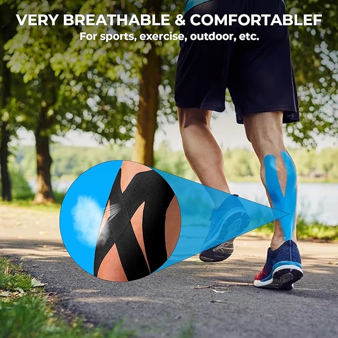 (3 Pack) Kinesiology Tape for Physical Therapy Sports Athletes–Latex Free Elastic Kinetic Tape 16ft Water Resistant Kinetic Uncut Sport Tape for Knee Pain, Shoulder Muscle & Elbow(Black+Blue+Beige)