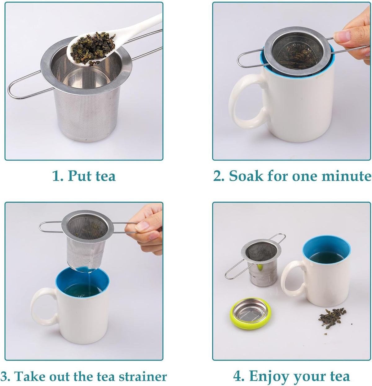 Fenshine Tea Infuser Stainless Steel Tea Strainer Folding Handle Tea Filter Extra Fine Mesh Strainer Brewing Basket with Lid for Loose Leaf Tea (Green)