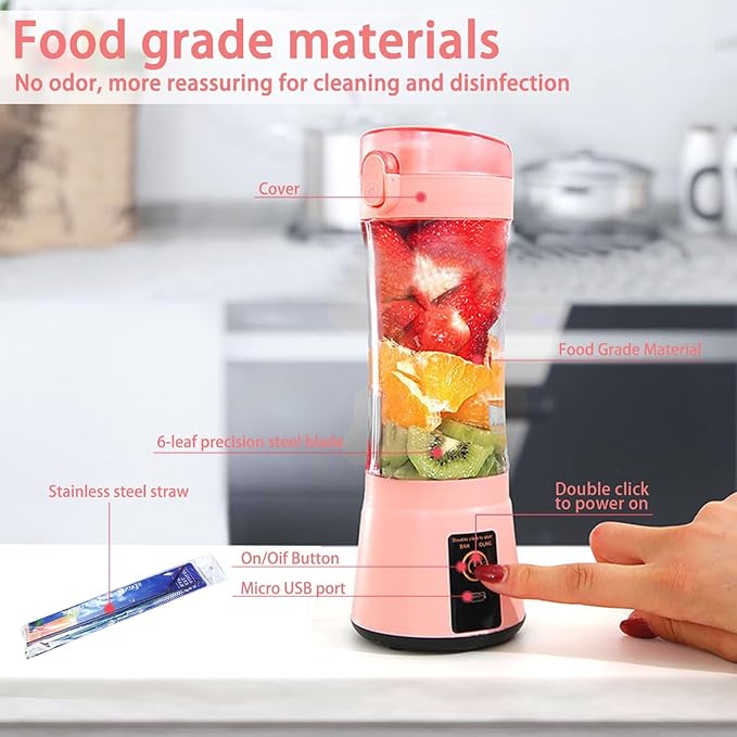13.5oz Portable Blender for Smoothies, Shakes, and Juices - USB Rechargeable Mini Blender Cup With Protection Design for Home, Office, Outdoors - Multi-purpose Pink A4221