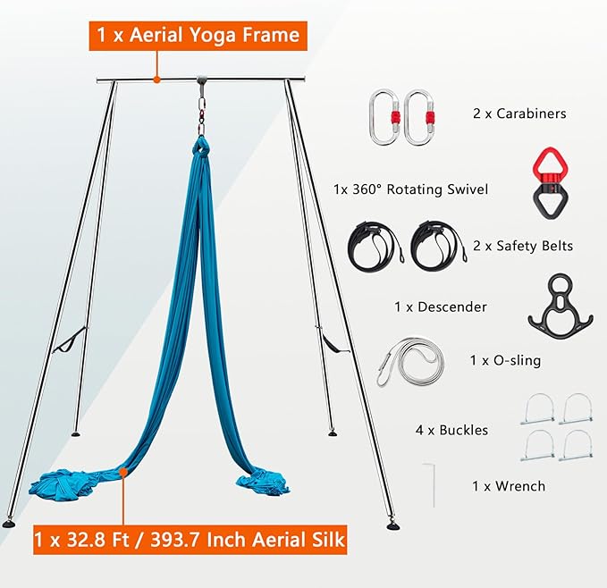 TECSPEC 9.6 FT/115.3 Inch Adjustable Height Aerial Yoga Frame & Hammock, Professional Swing Stand with 18 FT/33FT Aerial Silk, 550lbs Max Capacity