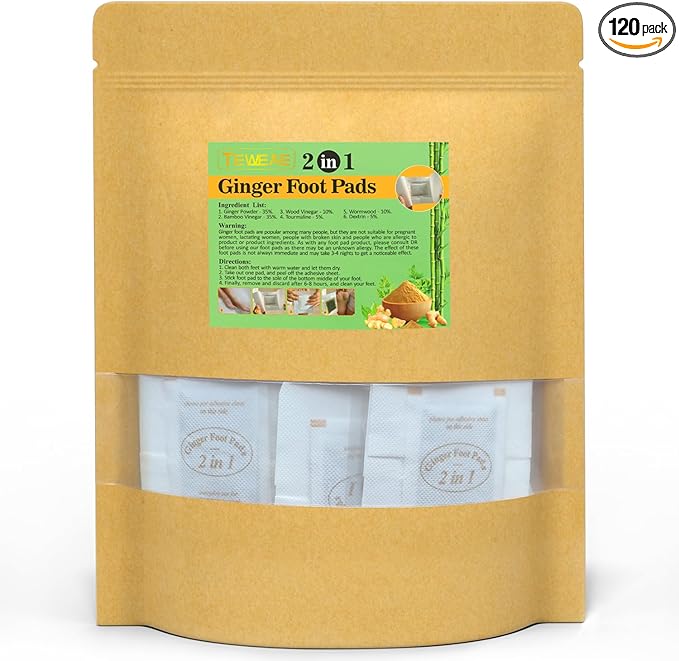 2 in 1 Foot Pads, 120 Pads Tear and Use Pure Ginger Bamboo Wormwood Foot Pads, Bigger Adhesive ''Stay in Place'' Goodnight Pads
